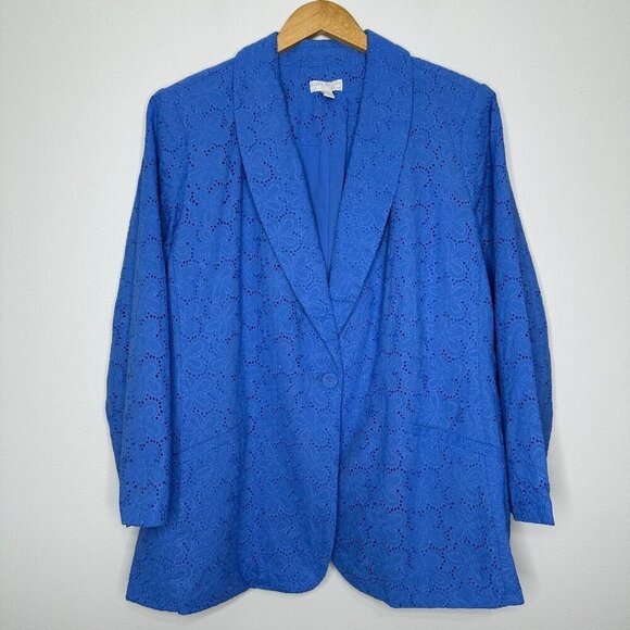 Susan Graver Eyelet Blazer Size 3X Blue Floral Cotton - Picture 1 of 10